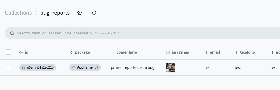 pocketbase collection bug_reports incoming
