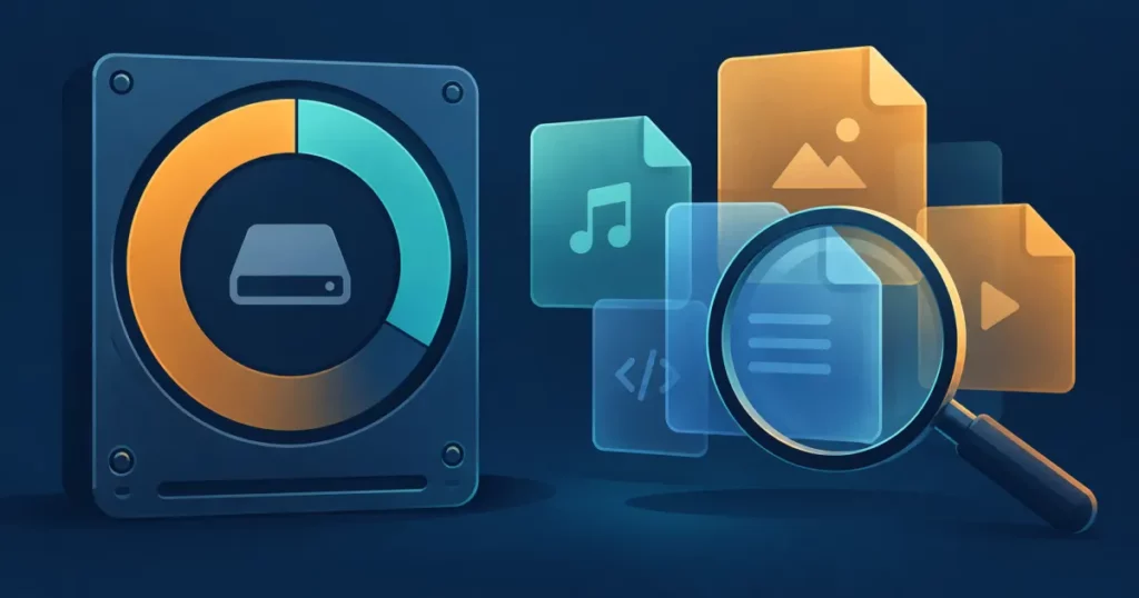 Archivos superpuestos, una lupa y un indicador de almacenamiento ilustran la revisión del espacio de disco.