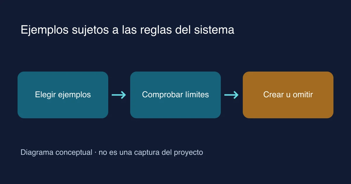 Secuencia de elegir ejemplos, comprobar límites y crear u omitir datos.
