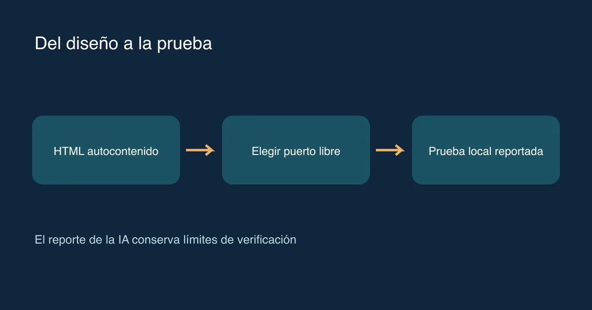 Un HTML pasa por la selección de puerto libre hasta una prueba local, con acceso remoto aún por comprobar.