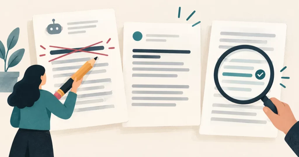 Ilustración de documentos revisados con un lápiz y una lupa para comprobar sus afirmaciones.